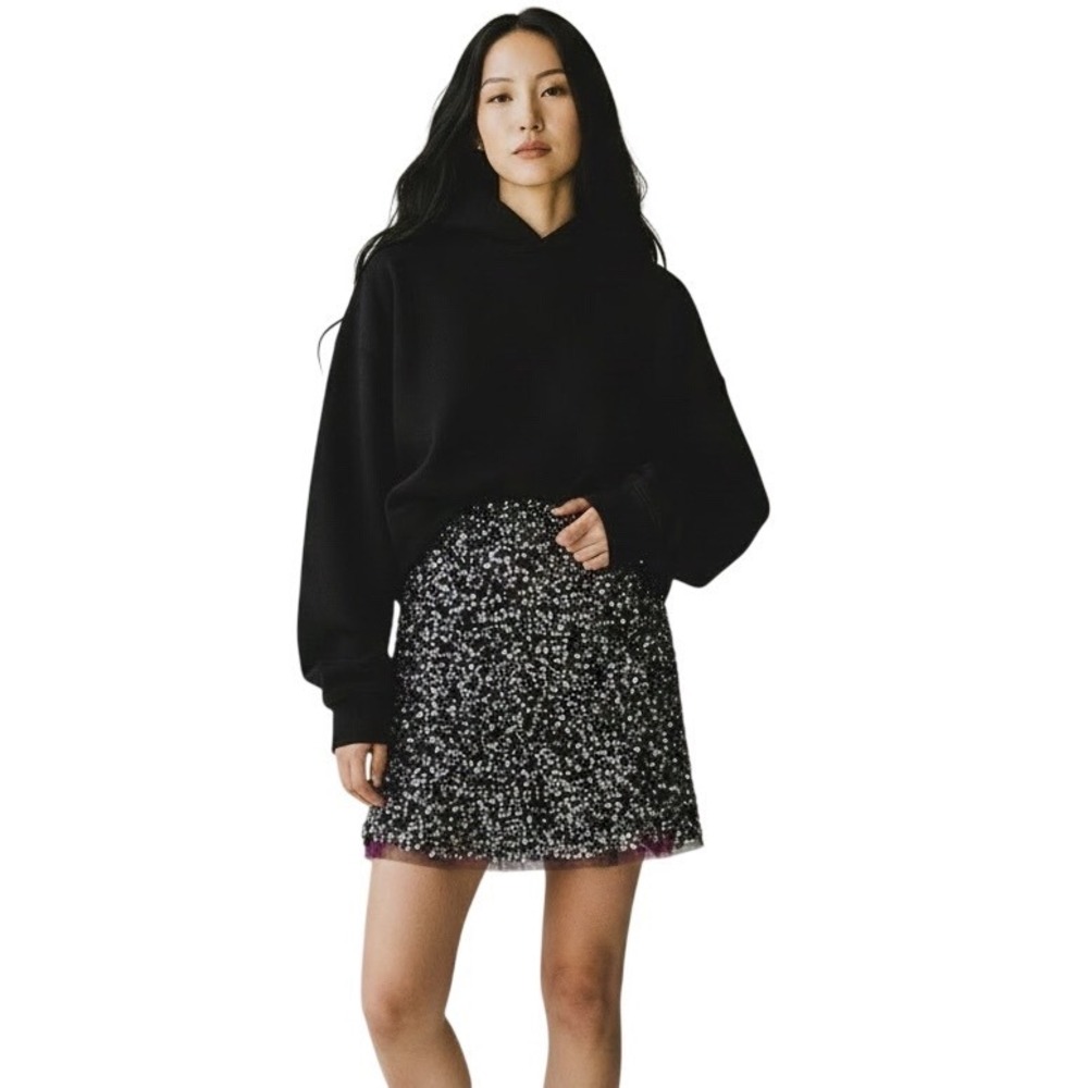 French Connection Sequin Mini Skirt Silver Black Y2K Party Glam Festival  Sz 8